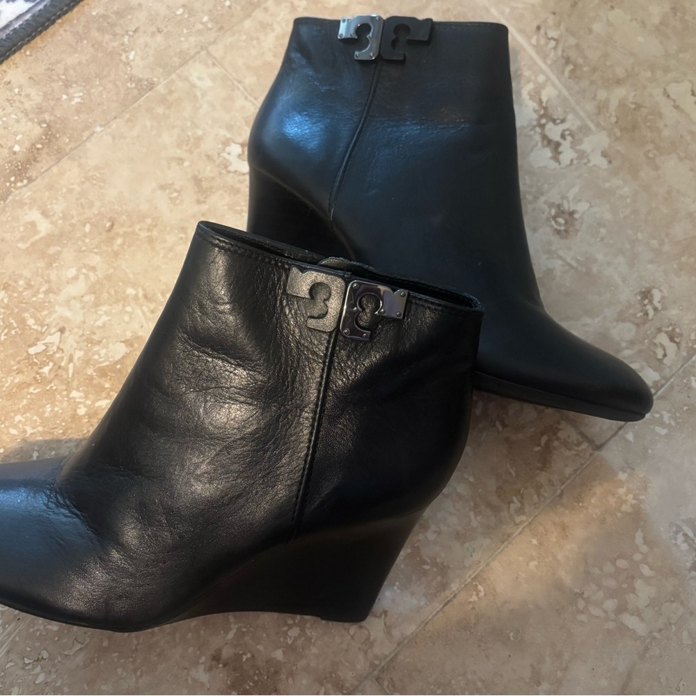 Tory Burch Black Leather Wedge Ankle Booties with Logo Accent